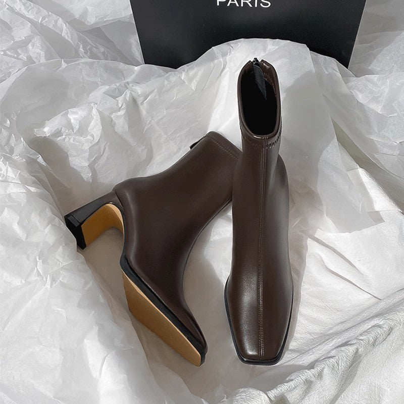 Square Ankle Boots Autumn Comfortable Soft Leather High Heel Boots Women's Fashion Zipper Simple Temperament Women's Shoes
