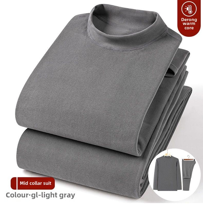 Winter Top and Pants Set Home Wear Warmth Solid Casual Men's Deerskin Thermal Suit High Collar Underwear Heat Velvet Tshirt Set