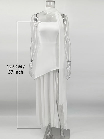TARUXY Fashion Strapless Dress With Ribbon Female Elegant Sleeveless Mesh Beach