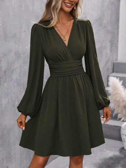 Dresses 2025 Woman Clothing V Neck Lantern Sleeve Wrap Mini Dress Ruched Waist Flowy Hem Elegant for Autumn and Party Styles ?