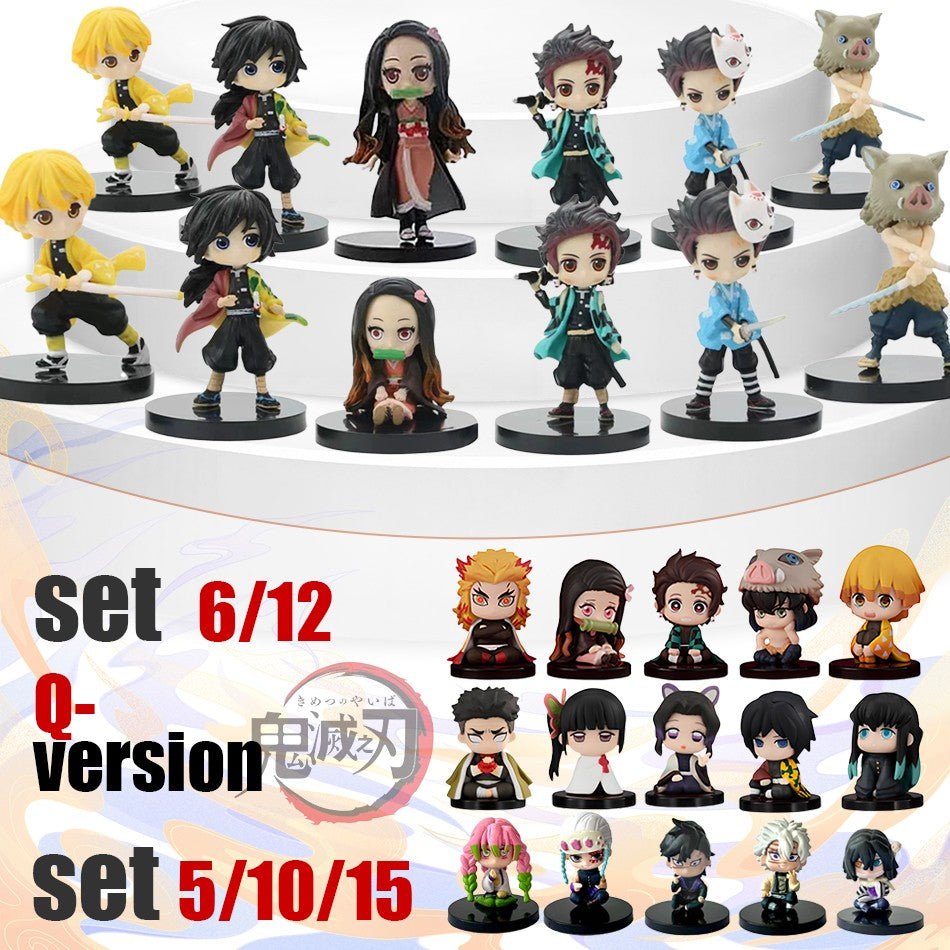 Q Posket Figure Atacado Demon Slayer Mini Estatueta 5Pcs 10Pcs 12Pcs 15Pcs Conjuntos Kimetsu No Yaiba Pequenas Bonecas de PVC Decoração de Mesa