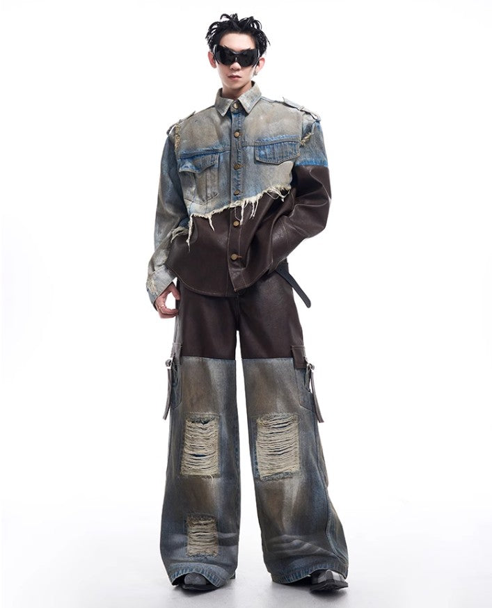 2024 American vintage do old piece-leather destruction denim jacket men fall dirty jacket