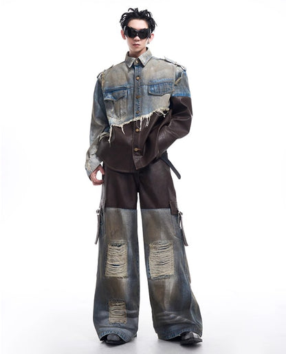 2024 American vintage do old piece-leather destruction denim jacket men fall dirty jacket