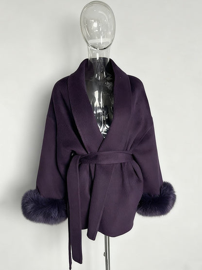UCXQ Casaco Feminino Elegante OL para Escritório com Retalhos de Pelo Manga Comprida Lã Jaqueta de Roupa Feminina Bonita Outono Inverno 2025