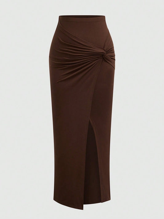 plus Size Elegant Halter Long Dress for Women Twisted Design Slit Skinny Casual Pure Color Holiday Mature Women's Fashion