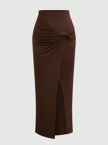 plus Size Elegant Halter Long Dress for Women Twisted Design Slit Skinny Casual Pure Color Holiday Mature Women's Fashion