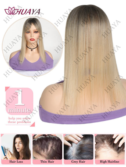 Apliques de Cabelo de 14 Polegadas para Mulheres com Cabelos Ralos, Sintéticos Resistentes ao Calor, Toppers de Peruca Femininos - Ombre Raiz Escura para Loiro