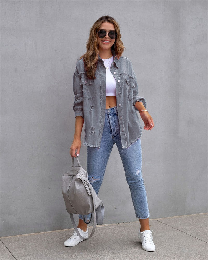 2025 Holes Raw-edges Denim Jacket Women Spring Autumn Shirt Style Jeancoat Casual Top Rose-Red Orange Purple Outerwear Lady Coat