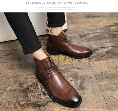 New Men Business Ankle Boots PU High Cut Short Tube Lace Up Business Brand Chelsea Boots European Style Size 38-48 Men Boots