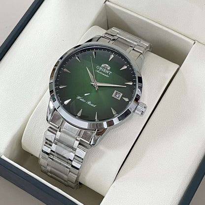 Orient Automático Masculino, Mostrador Preto, Pulseira de Aço Inoxidável, Relógio de Pulso Clássico de Negócios Resistente à Água com Exibição de Data