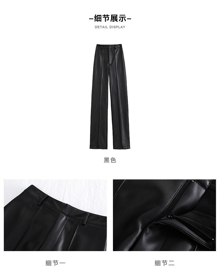 Lautaro Spring Autumn Long Black Soft Pu Leather Pants Women with Zipper High Waist Casual Elegant Straight Leg Trousers 2022