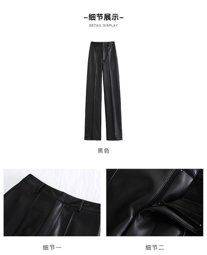 Lautaro Spring Autumn Long Black Soft Pu Leather Pants Women with Zipper High Waist Casual Elegant Straight Leg Trousers 2022