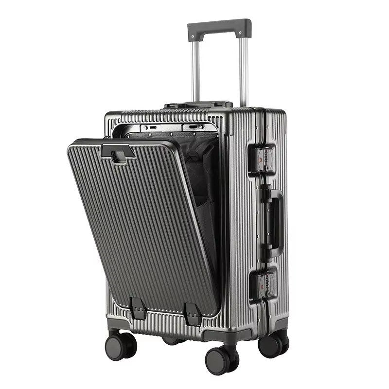 Suitcase Front Opening Pocket Aluminum Alloy Frame Rolling Luggage with USB Charging Plug Trolley Carry-on Case Bag with Wheel