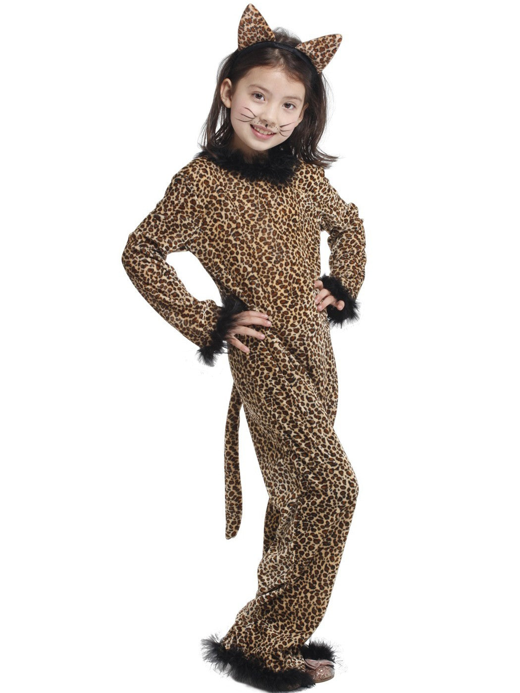 4?10Y Girls Leopard Animal Cosplay Jumpsuit, Kids Costume for Halloween Purim Carnival Mardi Gras Party