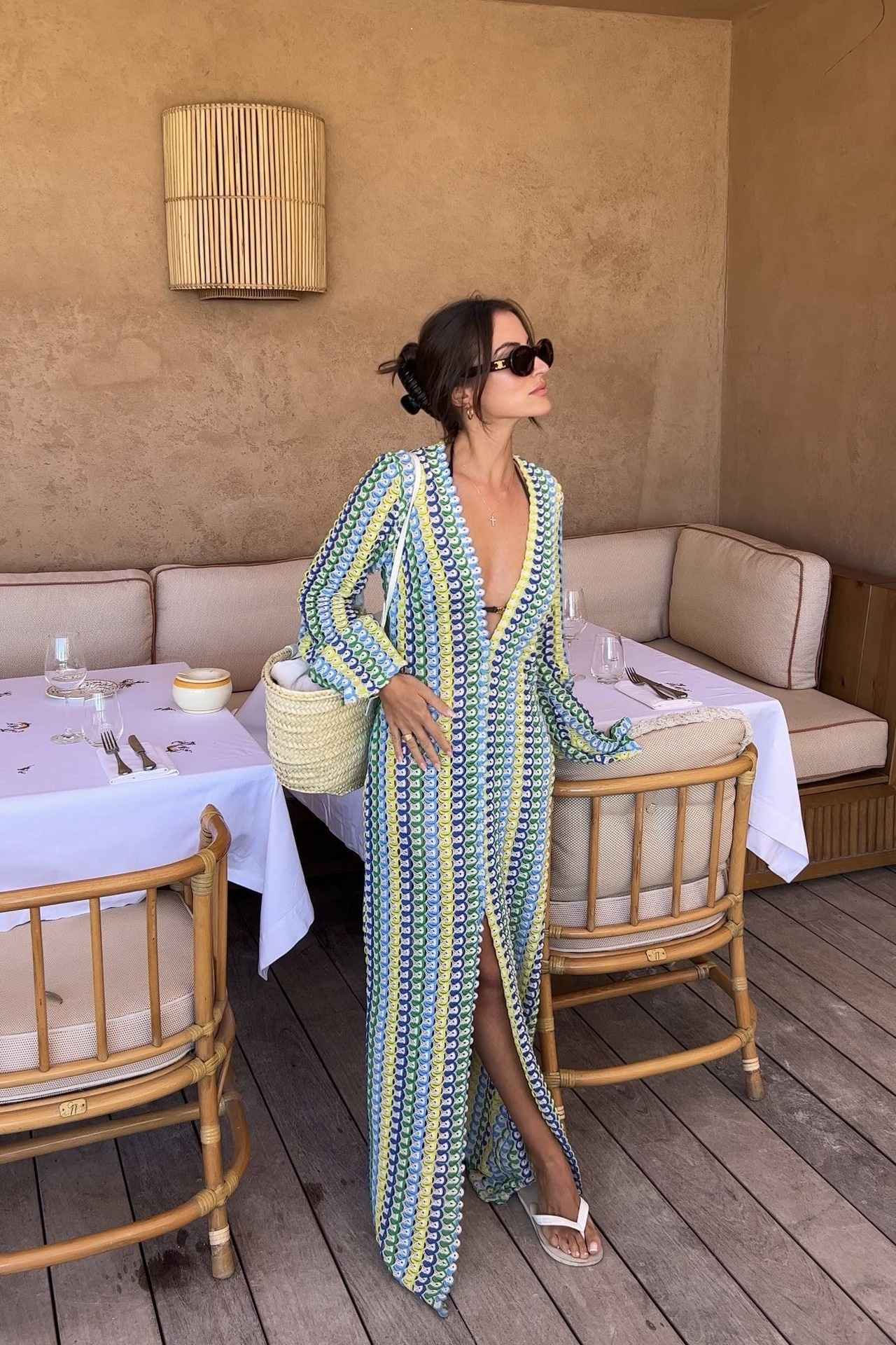Crochet Colorful Stripe Maxi Dress Women Flare Sleeve V-neck High Split Sexy Lon