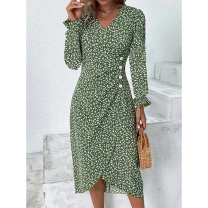 Elegant Floral Pleated H shaped Midi Dress Female V Neck Puff Sleeve Waist Ruche