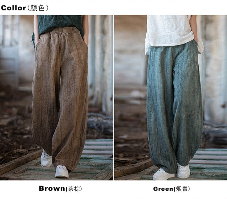 Elegant Women's Cotton Linen Baggy Cargo Pants Vintage Elastic Waist Yoga Trousers Loose Casual Long Wide Leg Oversize Clothes