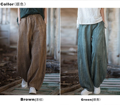 Elegant Women's Cotton Linen Baggy Cargo Pants Vintage Elastic Waist Yoga Trousers Loose Casual Long Wide Leg Oversize Clothes