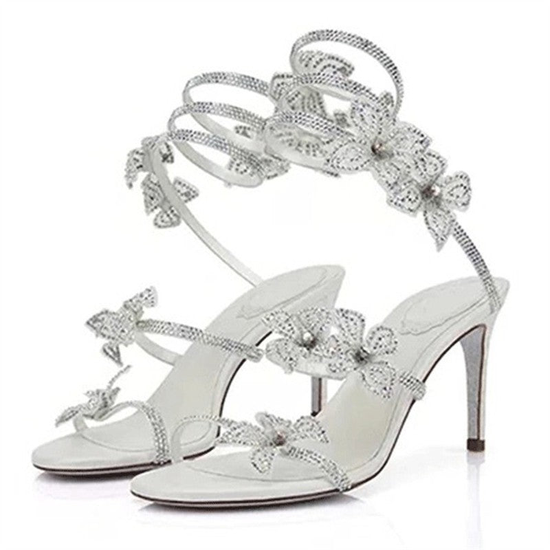 Sandália Feminina Sexy Eilyken com Flores de CRISTAL Salto Fino Alto Tiras Finas no Tornozelo Estilo de Rua Sapatos de Pole Dance