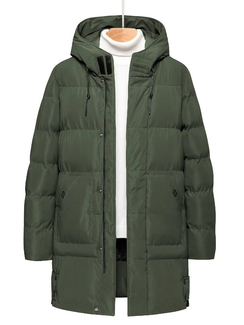 Men'S Heavyweight Winter Coat Windproof Cold Weather Jacket with Full-Length Zipper, Hooded Long Formality, Large Front Pockets