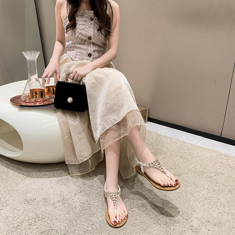 Summer New Flat Transparent Rhinestones Pintoe Women's Sandals, Fashion Casual Light Beach Cool, Shoes Women