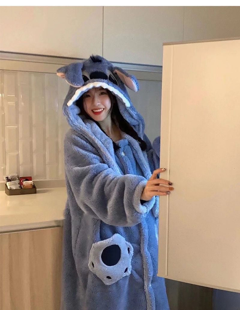 Disney Stitch Winter Pajamas Cartoon Autumn And Winter Cute Coral Thickened Velvet Long Home Clothes Pajamas Girls Home Clothes