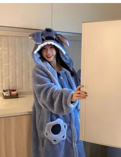 Disney Stitch Winter Pajamas Cartoon Autumn And Winter Cute Coral Thickened Velvet Long Home Clothes Pajamas Girls Home Clothes