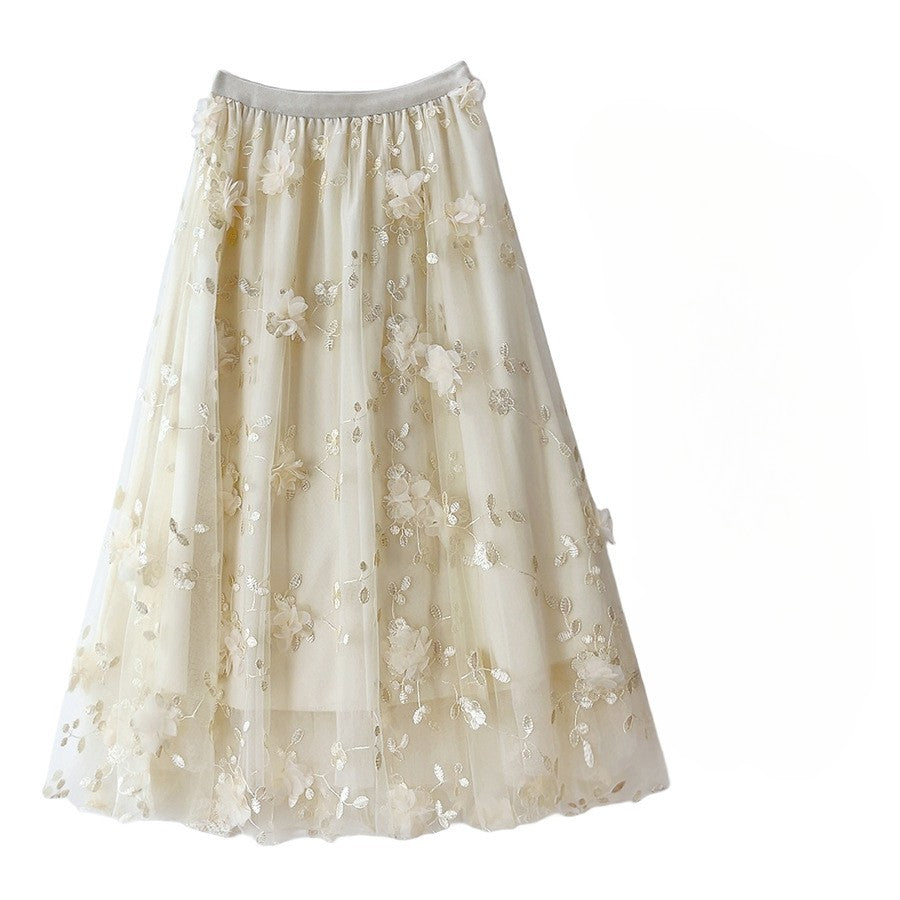 New in A-Line High Waist Embroidery 3D Flower Tulle Midi Skirt Women Spring Summer Pink Chic Elegant Mesh Party Long Skirt