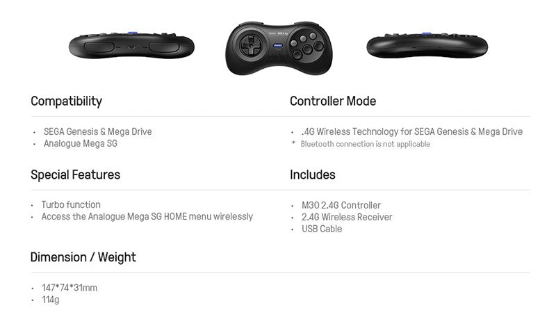 8BitDo M30 2.4G Wireless Gamepad for the Original Sega Genesis and Sega Mega Drive - Sega Genesis
