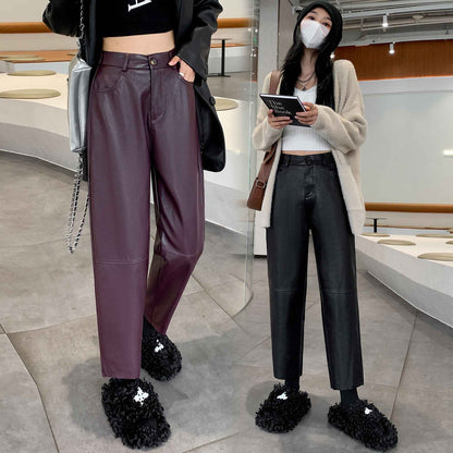 Autumn Winter PU Leather Vintage Women's Ankle Length Pants 2024 New High Waist Zipper Black Straight Pants Female Pockets