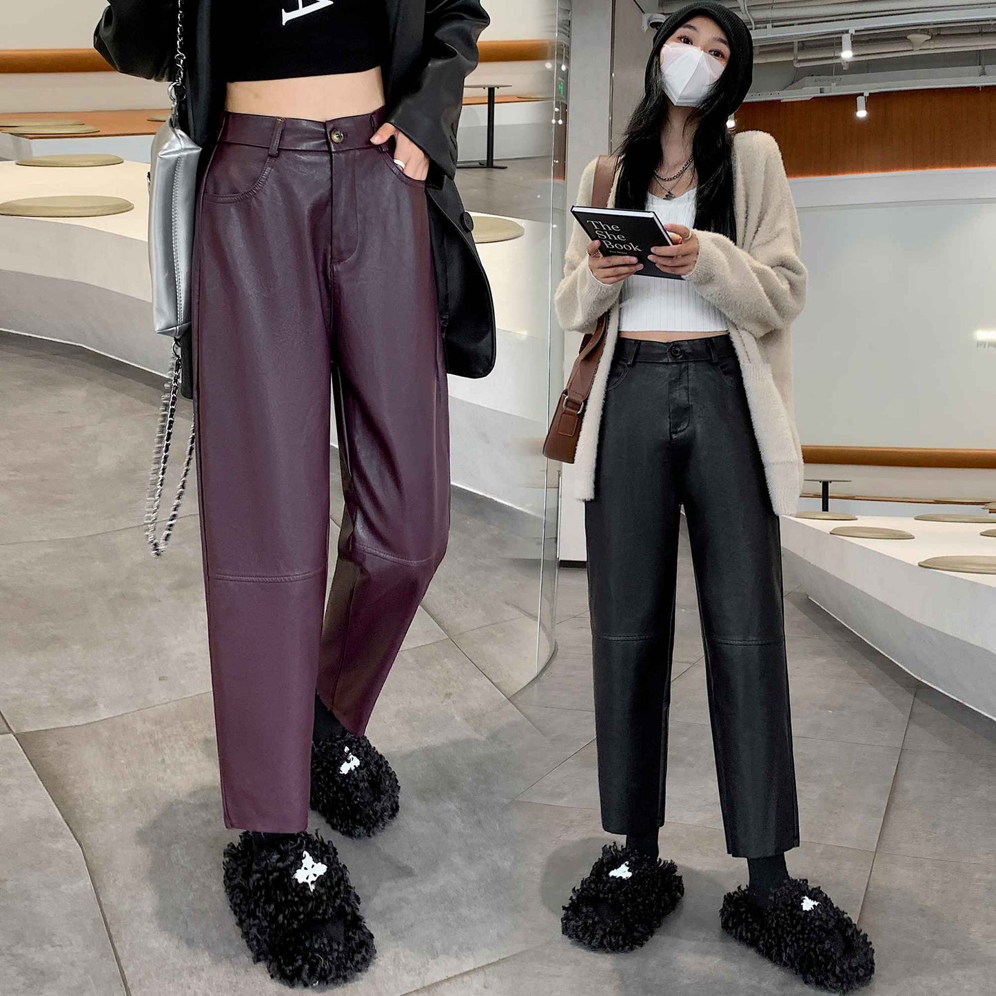 Autumn Winter PU Leather Vintage Women's Ankle Length Pants 2024 New High Waist Zipper Black Straight Pants Female Pockets