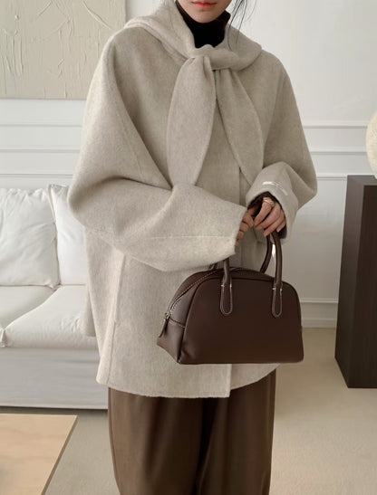 Korean Sle Woolen Coat Women's Chic Temperament Sweet Bow Tie Collar Hooded Warm Woolen Coat Long Sve Mid-Length