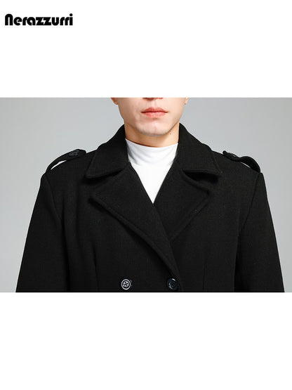 Nerazzurri Autumn Winter Long Elegant Luxury Chic Navy Blue Warm Woolen Coat for Men Double Breasted Wool & blends Overcoat 2023