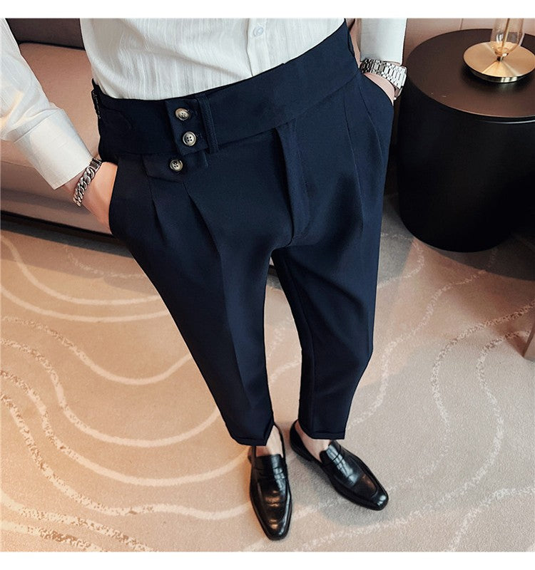 British Style Spring New Solid Business Casual Suit Pants High Waist Button Men Formal Pants High Quality Slim Office Trousers