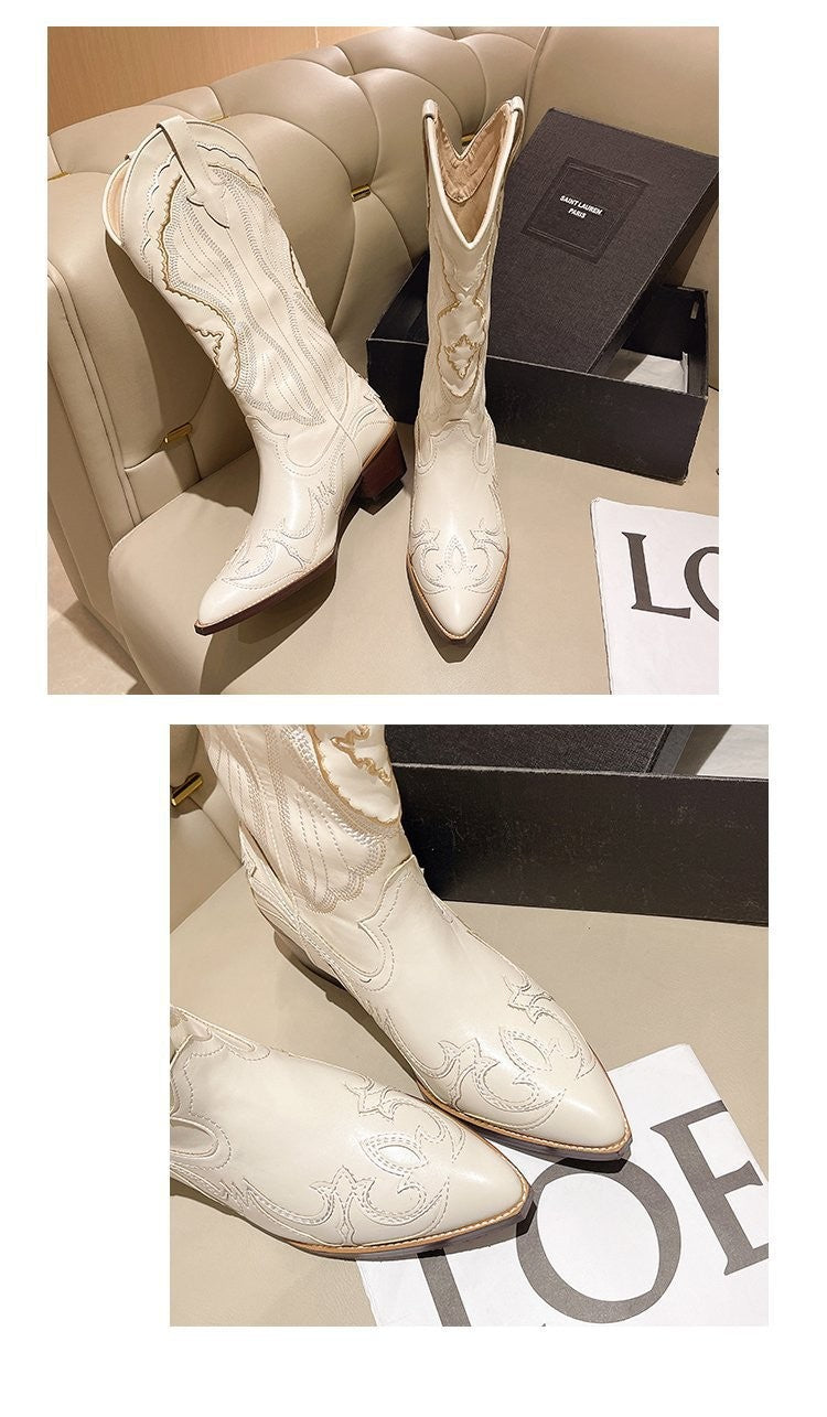 Autumn Embroidered Western Cowboy Boots new Square Heels Pointed shoes Casual fashion long boots Comfortable waterproof shoes