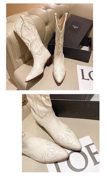 Autumn Embroidered Western Cowboy Boots new Square Heels Pointed shoes Casual fashion long boots Comfortable waterproof shoes