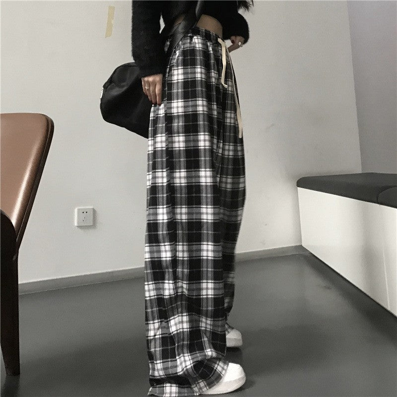 Women Black Plaid Wide Leg Pants Casual Hip Hop Elastic Waist Pockets Baggy Trousers Loose Vintage Y2K Sweatpants Streetwear