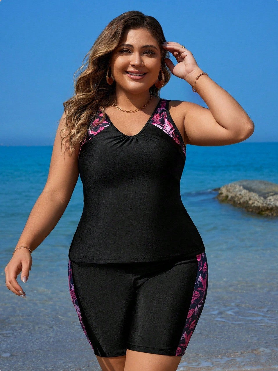 VigoJany 2025 Large Strapped Print Swimwear Women Plus Size Boxer Tankini Set Swimsuit 2 Piece High Waist Chubby Bathing Suit