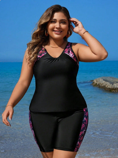 VigoJany 2025 Large Strapped Print Swimwear Women Plus Size Boxer Tankini Set Swimsuit 2 Piece High Waist Chubby Bathing Suit