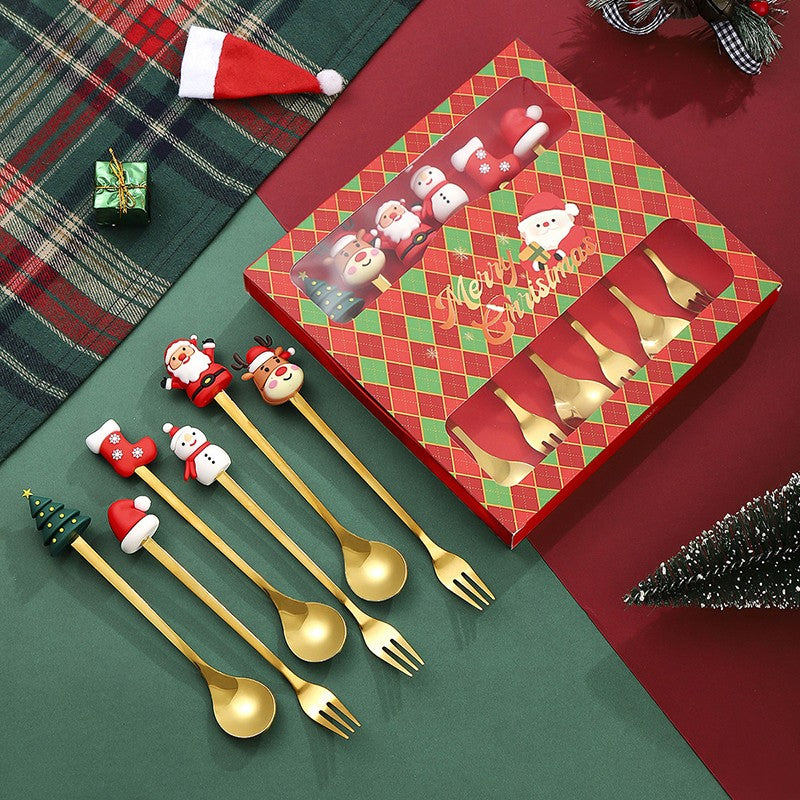 1 Set Christmas Fork And Spoon Tableware Gift Box , Stainless Steel Tableware, Coffee, Tea And Dessert Fork And Spoon