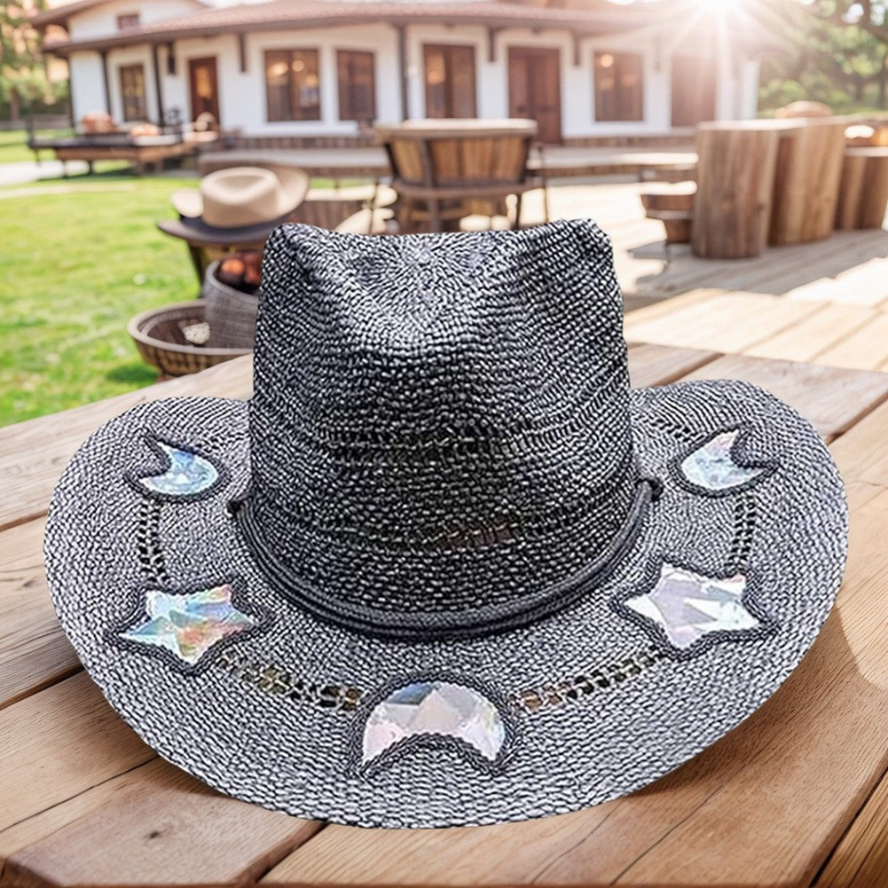 Suncatcher Cowgirl Chapéu de Palha com Prisma Chapéu de Cowboy Tecido à Mão Feminino Boné de Palha Aba Larga Chapéu de Sol Feminino da Moda para Praia de Verão