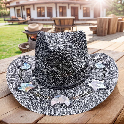 Suncatcher Chapéu de Sol com Estampa de Vaca e Palha, Chapéu de Palha Trançado à Mão, Chapéu de Cowboy com Aba Larga Modelável, Chapéu Arco-Íris, Chapéu de Sol de Verão para Praia para Mulheres