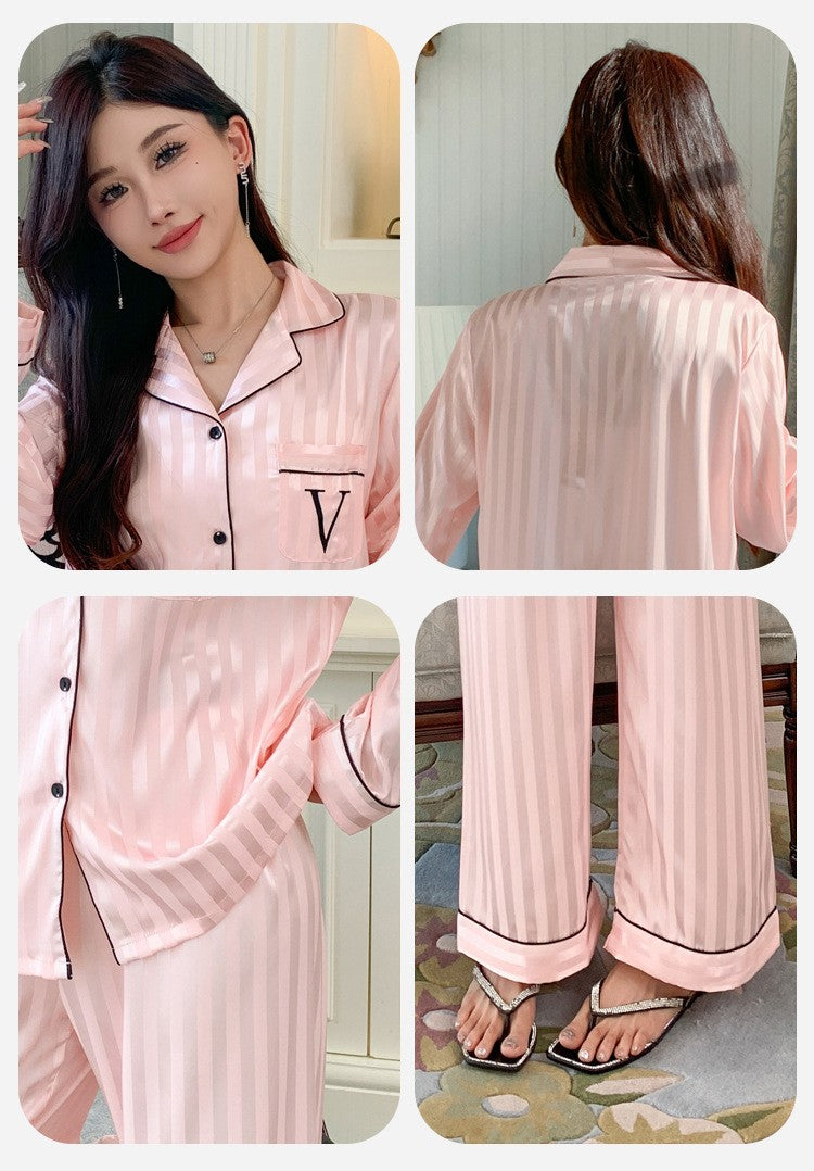 Women's Ice Silk Pajama Set Long Sleeve Long Pants Lightweight Sleepwear for Spring And Autumn Comfortable Homewear Pj Set