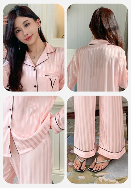 Women's Ice Silk Pajama Set Long Sleeve Long Pants Lightweight Sleepwear for Spring And Autumn Comfortable Homewear Pj Set