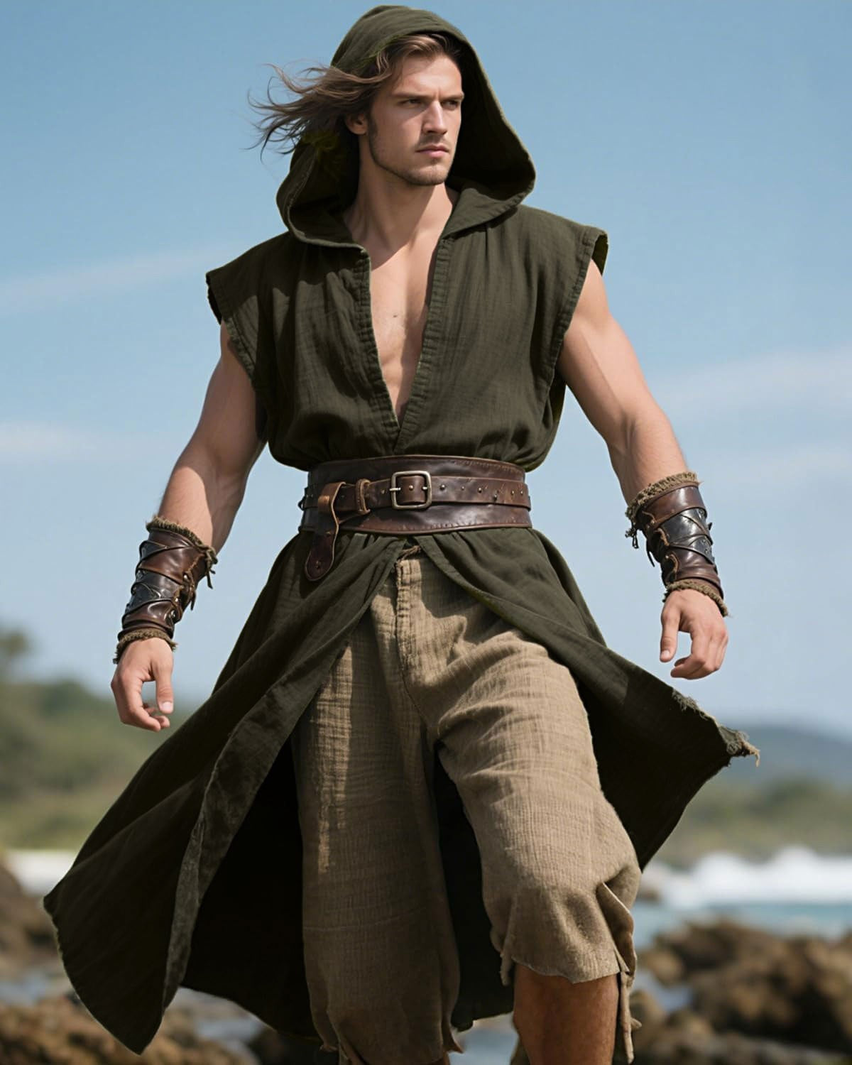 Men's Medieval Hooded Surcoat Renaissance Tabard Sleeveless Tunic Cloak Viking Costume Holloween Assassin Cosplay