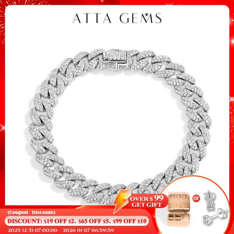 Corrente Cubana Completa de Moissanita ATTAGEMS DVVS1 para Homens e Mulheres, Prata Esterlina 925 Banhada a Ouro 18k, Pulseira de Tênis Hip Hop, Joia Fina