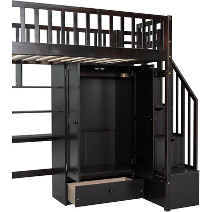 Designs Twin Loft Bed with Stairs, Wardrobe, Desk, Bookshelf and Drawers, Solid Wood Loft Bed Frame with Storage - Espresso