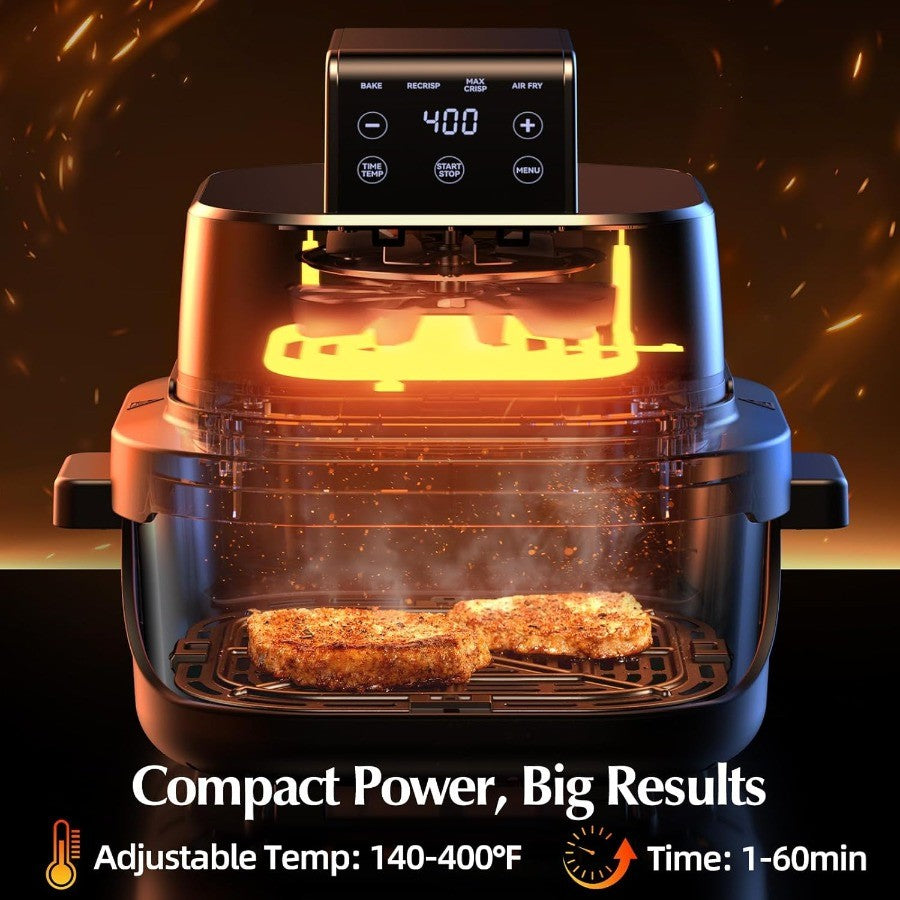 Fritadeira de ar portátil de vidro 4 em 1 com calor preciso de 60-200°C Tecnologia Max Crisp Recipientes duplos de 4,2QT e 1,6QT com tampas Congelador Lavável na Máquina de Lavar Louça
