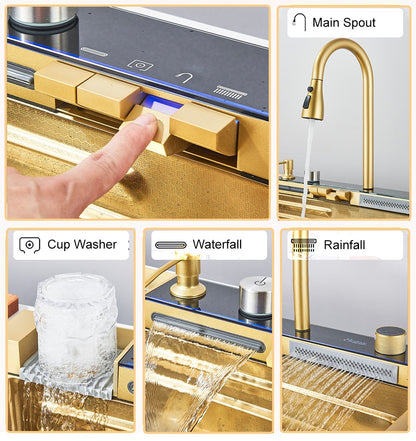 Multifunctional Kitchen Waterfall Sink Digital Display Large Single Gray Sink Dish Basin Sink 304 Stainless Steel