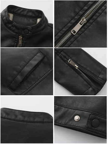 Black Women's Fitted Leather Jacket with Front Zipper & Side Pockets?, Available in Brown, Navy Blue, and Beige.